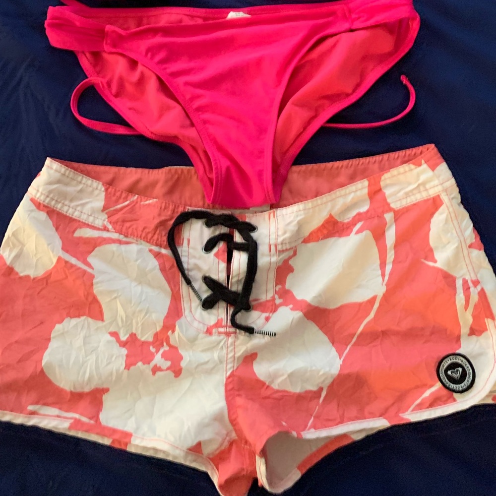 pink triangle top OP bikini w Roxy board shorts
